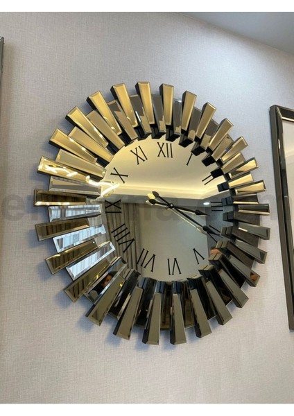 Yuvarlak metalik bronz duvar saati, modern tasarım, 65cm genişlik