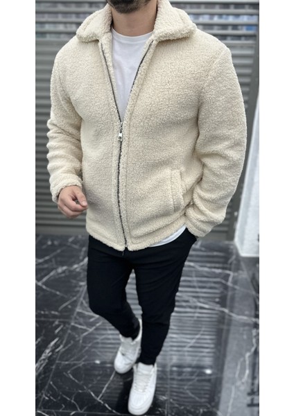 Erkek Peluş Mevsimlik Fermuarlı Ceket Yaka Astarlı Mont - Ekru