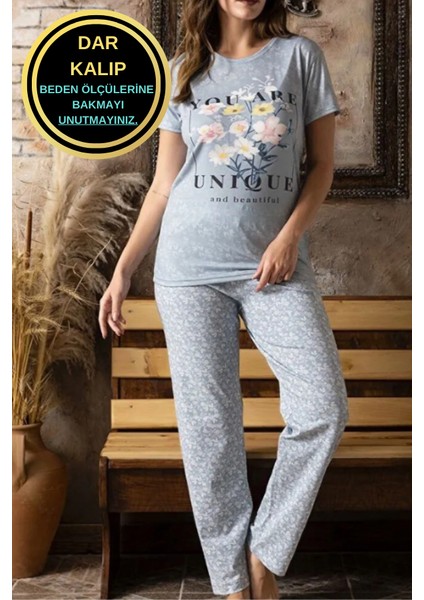 Kadın Kısa Kol Çiçek Desenli Dar Kalıp Penye Pijama Takımı