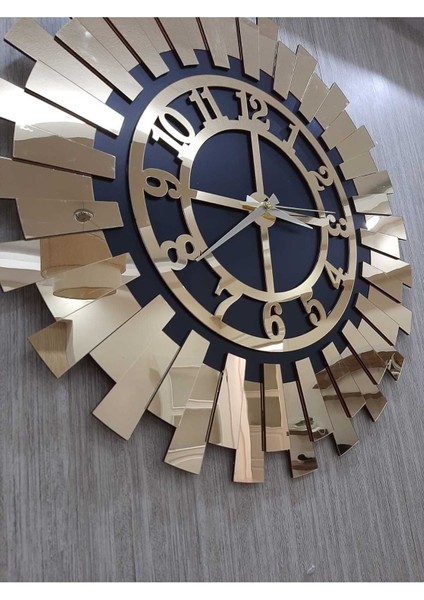 Dekoratif Duvar Saati Lüks 60X60 cm Kabartmalı Altın Sarısı Güneş Modern Ev Ofis Saati