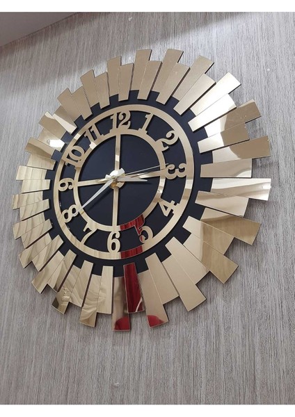Dekoratif Duvar Saati Lüks 60X60 cm Kabartmalı Altın Sarısı Güneş Modern Ev Ofis Saati