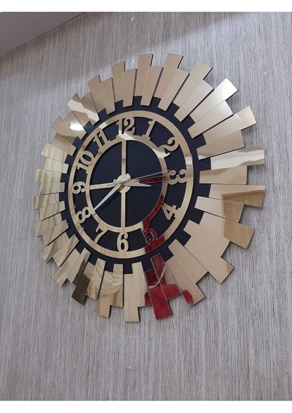 Dekoratif Duvar Saati Lüks 60X60 cm Kabartmalı Altın Sarısı Güneş Modern Ev Ofis Saati