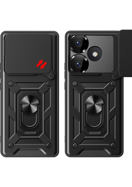 Xiaomi Poco F6 Kılıf Yüzüklü Sürgülü Kamera Korumalı Pars + Ekran Koruyucu