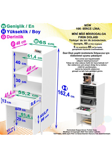 MODİLAYN BİRCE LİNA L-65 x 162,4 cm Çekmeceli Kapaklı Ankastre Fırın Ve Mutfak Dolabı