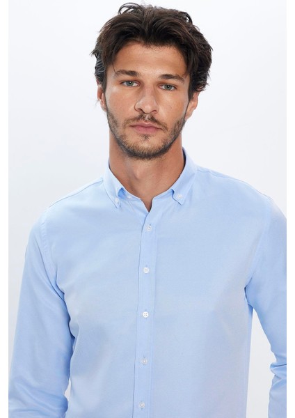 Erkek Slim Fit Dar Kesim Uzun Kollu Pamuklu Kolay Ütü Mavi Düğmeli Yaka Gömlek modelleri