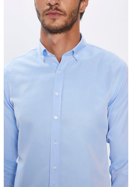 Erkek Slim Fit Dar Kesim Uzun Kollu Pamuklu Kolay Ütü Mavi Düğmeli Yaka Gömlek fırsatları