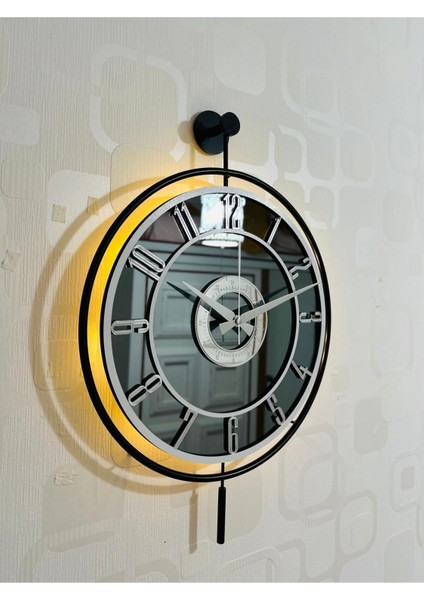 Işıklı Metal ve Cam Duvar Saati, Modern Tasarım, Siyah, Füme, Beyaz, Gümüş, 40x60 cm fiyatları