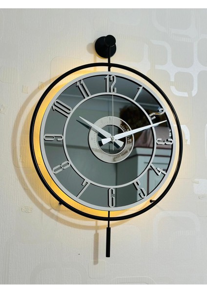Işıklı Metal ve Cam Duvar Saati, Modern Tasarım, Siyah, Füme, Beyaz, Gümüş, 40x60 cm fırsatları
