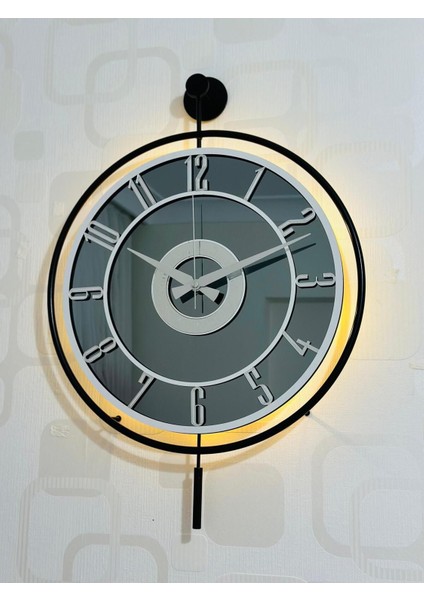 Işıklı Metal ve Cam Duvar Saati, Modern Tasarım, Siyah, Füme, Beyaz, Gümüş, 40x60 cm indirimleri