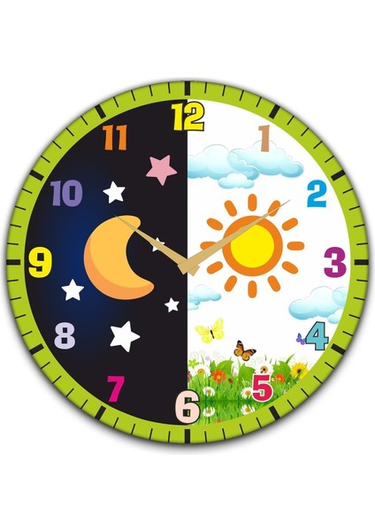 Çocuk odası duvar saati, gece gündüz temalı, renkli, dijital, UV baskılı, 48 cm