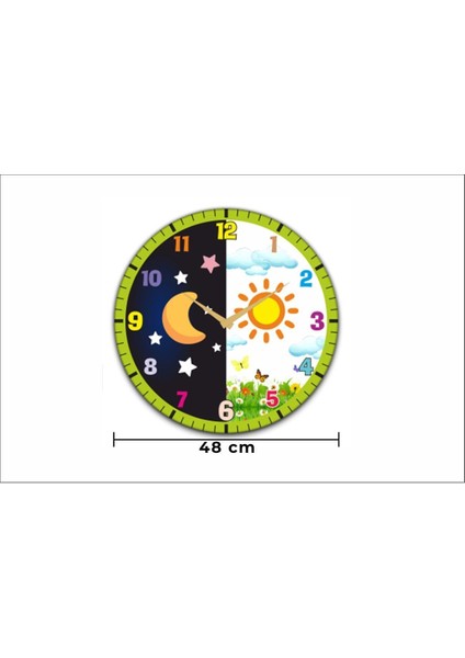 Çocuk odası duvar saati, gece gündüz temalı, renkli, dijital, UV baskılı, 48 cm modelleri