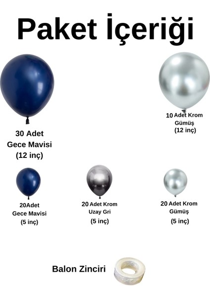 Zincir Balon Seti Siyah-Krom Gümüş-Krom Uzay Gri 3 Renk 100 Adet+Balon Şeridi fiyatları