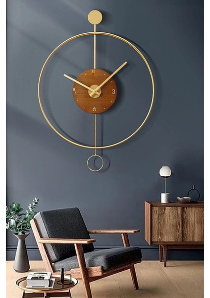 Modern altın metal ve ahşap büyük duvar saati 50x75cm, şık tasarım