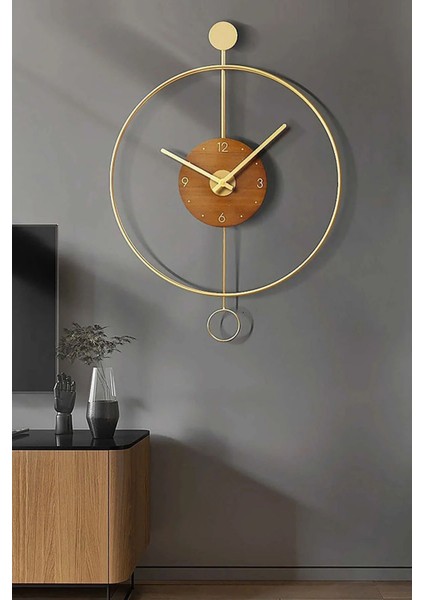 Modern altın metal ve ahşap büyük duvar saati 50x75cm, şık tasarım