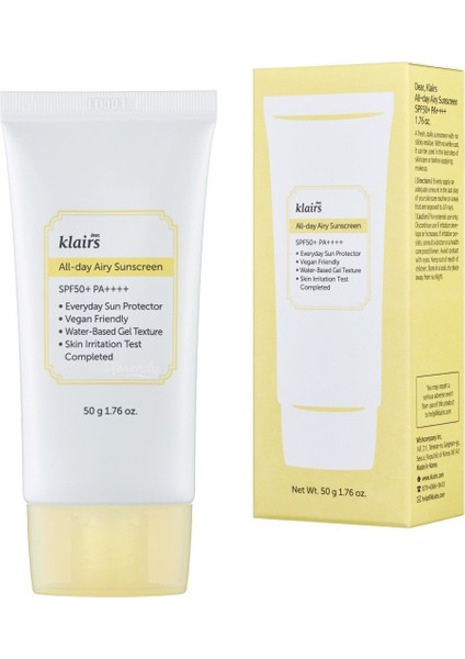 All Day Airy Sunscreen Spf 50 Pa (Korendy) Hafif Dokulu Su Bazlı Kimyasal Filtreli Güneş Kremi 50GR