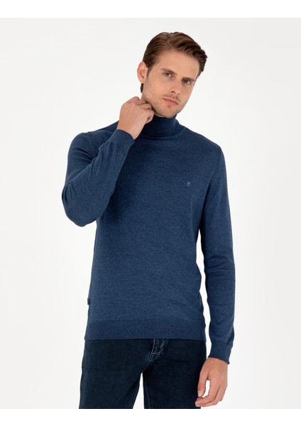 Pierre Cardin Erkek İndigo Melanj Slim Fit Balıkçı Yaka Basic Triko Kazak 50296602-VR155