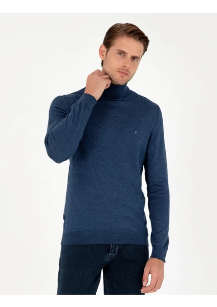 Pierre Cardin Erkek İndigo Melanj Slim Fit Balıkçı Yaka Basic Triko Kazak 50296602-VR155