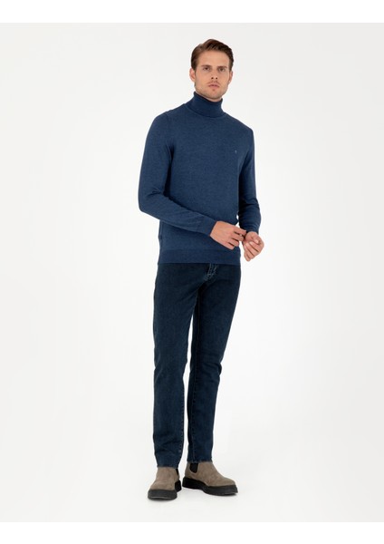 Pierre Cardin Erkek İndigo Melanj Slim Fit Balıkçı Yaka Basic Triko Kazak 50296602-VR155