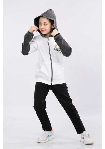 Erkek Çocuk Iki Ip Kot Detaylı Fermuarlı Kapüşonlu Sweatshirt Beyaz MRN7003