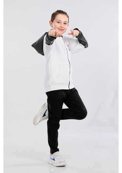 Erkek Çocuk Iki Ip Kot Detaylı Fermuarlı Kapüşonlu Sweatshirt Beyaz MRN7003 fiyatları