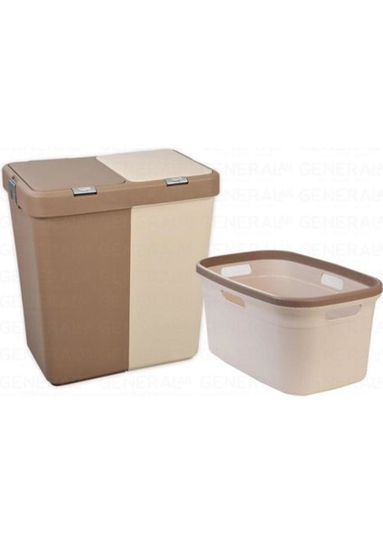 Kahverengi 80 Litre Kirli Çamaşır Sepeti Çamaşır Selesi 2'li Set Kahve