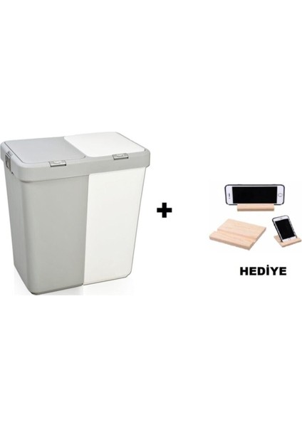 55 x 35 Ikili Dokunmatik Kirli Çamaşır Sepeti Gri-Beyaz Ahşap Telefon Tutucu Plastik Beyaz 40 L