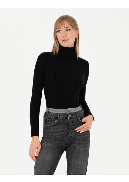 Kadın Siyah Ex. Slim Fit Balıkçı Yaka Kazak 50276230-VR046