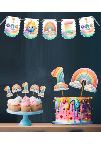 Hiras Dizayn Gökkuşağı Temalı 3 Lü Set One 1 Yaş Doğum Günü Süsü Banner + Pasta Süsü + Cupcake Kürdani