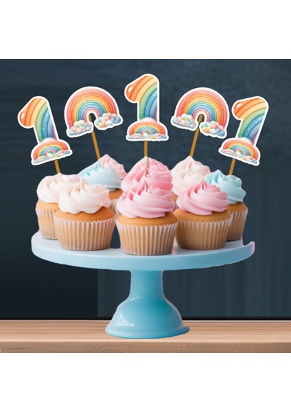 Hiras Dizayn Gökkuşağı Temalı 3 Lü Set One 1 Yaş Doğum Günü Süsü Banner + Pasta Süsü + Cupcake Kürdani