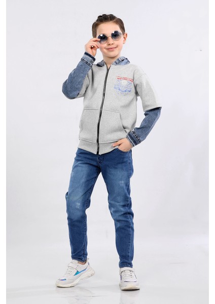 Erkek Çocuk Iki Ip Kot Detaylı Fermuarlı Kapüşonlu Sweatshirt Gri MRN7003