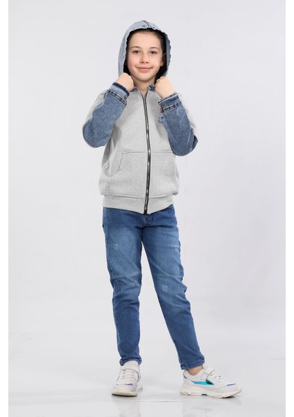 Erkek Çocuk Iki Ip Kot Detaylı Fermuarlı Kapüşonlu Sweatshirt Gri MRN7003 fiyatları
