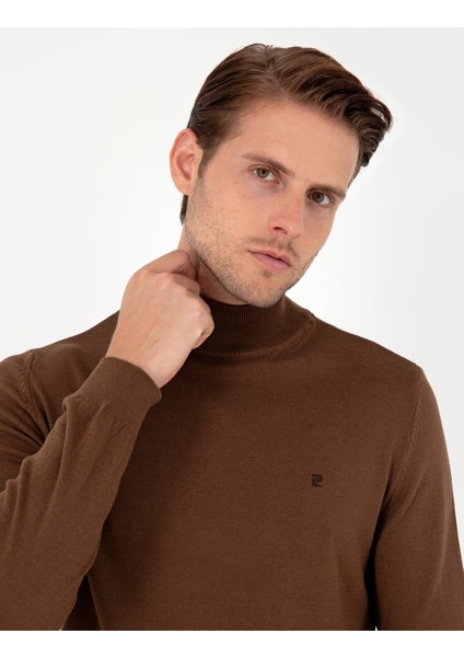 Erkek Koyu Kahverengi Slim Fit Yarım Balıkçı Yaka Basic Triko Kazak 50296614-VR084