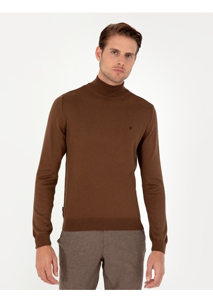 Erkek Koyu Kahverengi Slim Fit Yarım Balıkçı Yaka Basic Triko Kazak 50296614-VR084