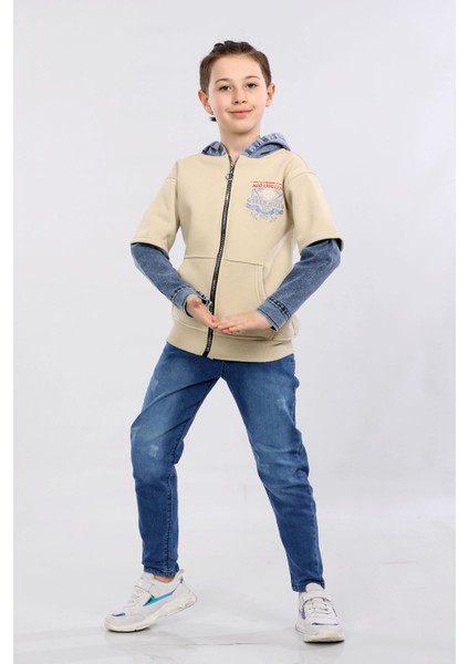 Erkek Çocuk Iki Ip Kot Detaylı Fermuarlı Kapüşonlu Sweatshirt Bej MRN7003