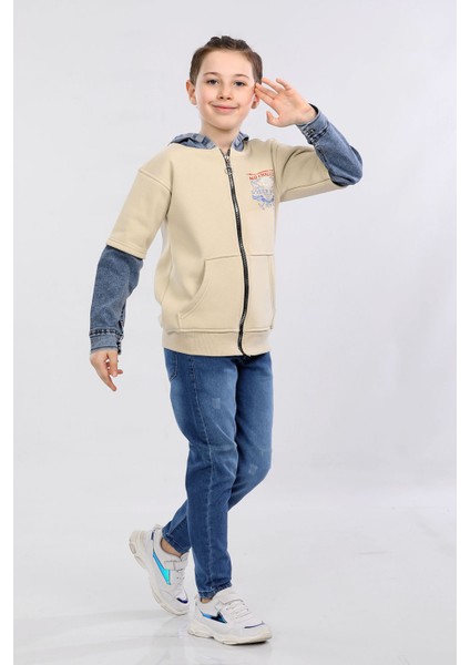 Erkek Çocuk Iki Ip Kot Detaylı Fermuarlı Kapüşonlu Sweatshirt Bej MRN7003 fiyatları