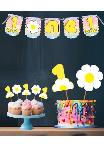 Hiras Dizayn Papatya Temalı 3 Lü Set One 1 Yaş Doğum Günü Süsü Banner + Pasta Süsü + Cupcake Kürdani