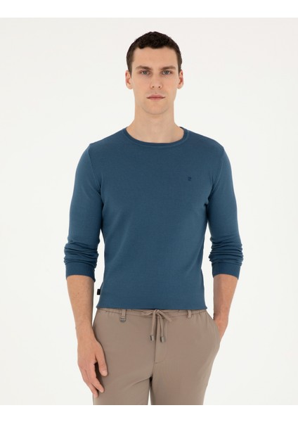 Erkek Kobalt Slim Fit Bisiklet Yaka Basic Triko Kazak 50296621-VR077