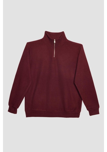Unisex Relax Fit Rahat Kesim Pamuklu Yarım Fermuarlı Bordo Dik Yaka Sweatshirt