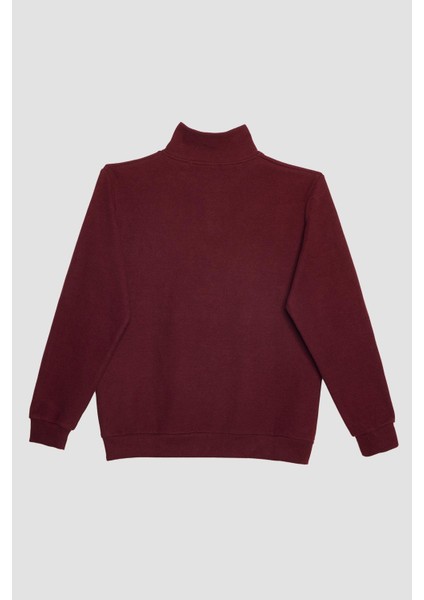 Unisex Relax Fit Rahat Kesim Pamuklu Yarım Fermuarlı Bordo Dik Yaka Sweatshirt fiyatları