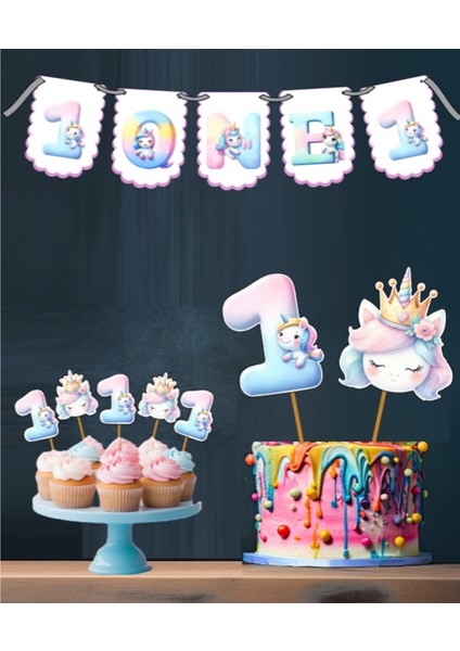 Unicorn Temalı 3 Lü Set One 1 Yaş Doğum Günü Süsü Banner + Pasta Süsü + Cupcake Kürdani