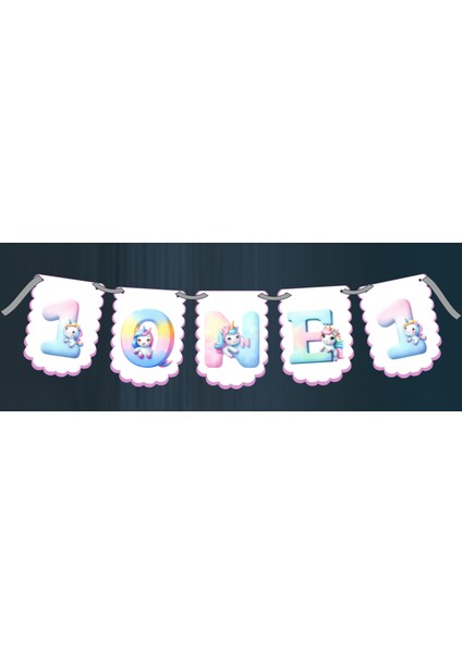 Unicorn Temalı 3 Lü Set One 1 Yaş Doğum Günü Süsü Banner + Pasta Süsü + Cupcake Kürdani modelleri