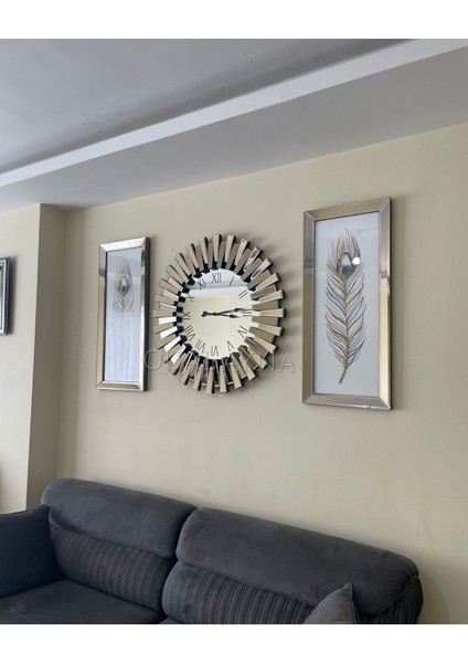 3’lü Bronz Aynalı Saat ve Tablo Seti, 65 cm Saat, 30x70 cm Modern Metalik Tasarım