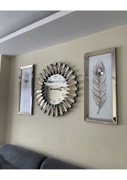 3’lü Bronz Aynalı Saat ve Tablo Seti, 65 cm Saat, 30x70 cm Modern Metalik Tasarım