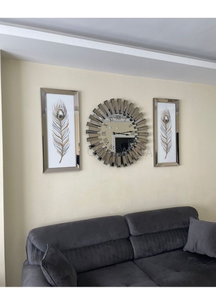 3’lü Bronz Aynalı Saat ve Tablo Seti, 65 cm Saat, 30x70 cm Modern Metalik Tasarım