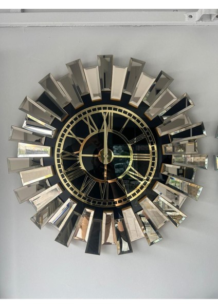 Modern yuvarlak aynalı saat, metalik renk, şık ve estetik tasarım, 60 cm
