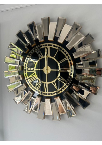 Modern yuvarlak aynalı saat, metalik renk, şık ve estetik tasarım, 60 cm fiyatları