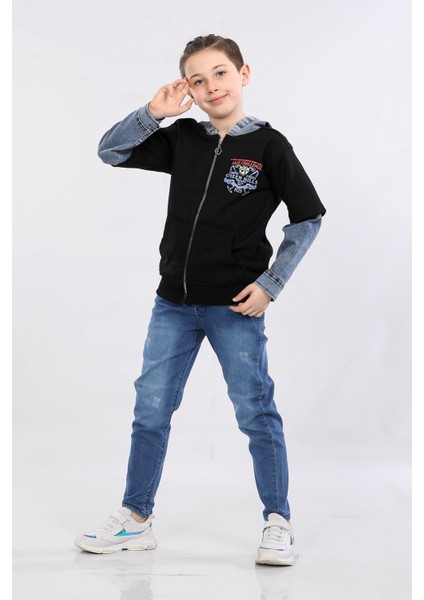 Erkek Çocuk Iki Ip Kot Detaylı Fermuarlı Kapüşonlu Sweatshirt Siyah MRN7003