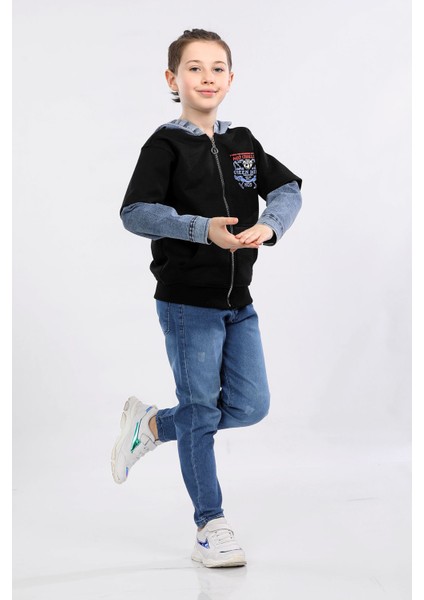 Erkek Çocuk Iki Ip Kot Detaylı Fermuarlı Kapüşonlu Sweatshirt Siyah MRN7003 fiyatları