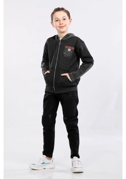 Erkek Çocuk Iki Ip Kot Detaylı Fermuarlı Kapüşonlu Sweatshirt Füme MRN7003