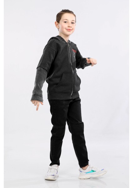 Erkek Çocuk Iki Ip Kot Detaylı Fermuarlı Kapüşonlu Sweatshirt Füme MRN7003 fiyatları